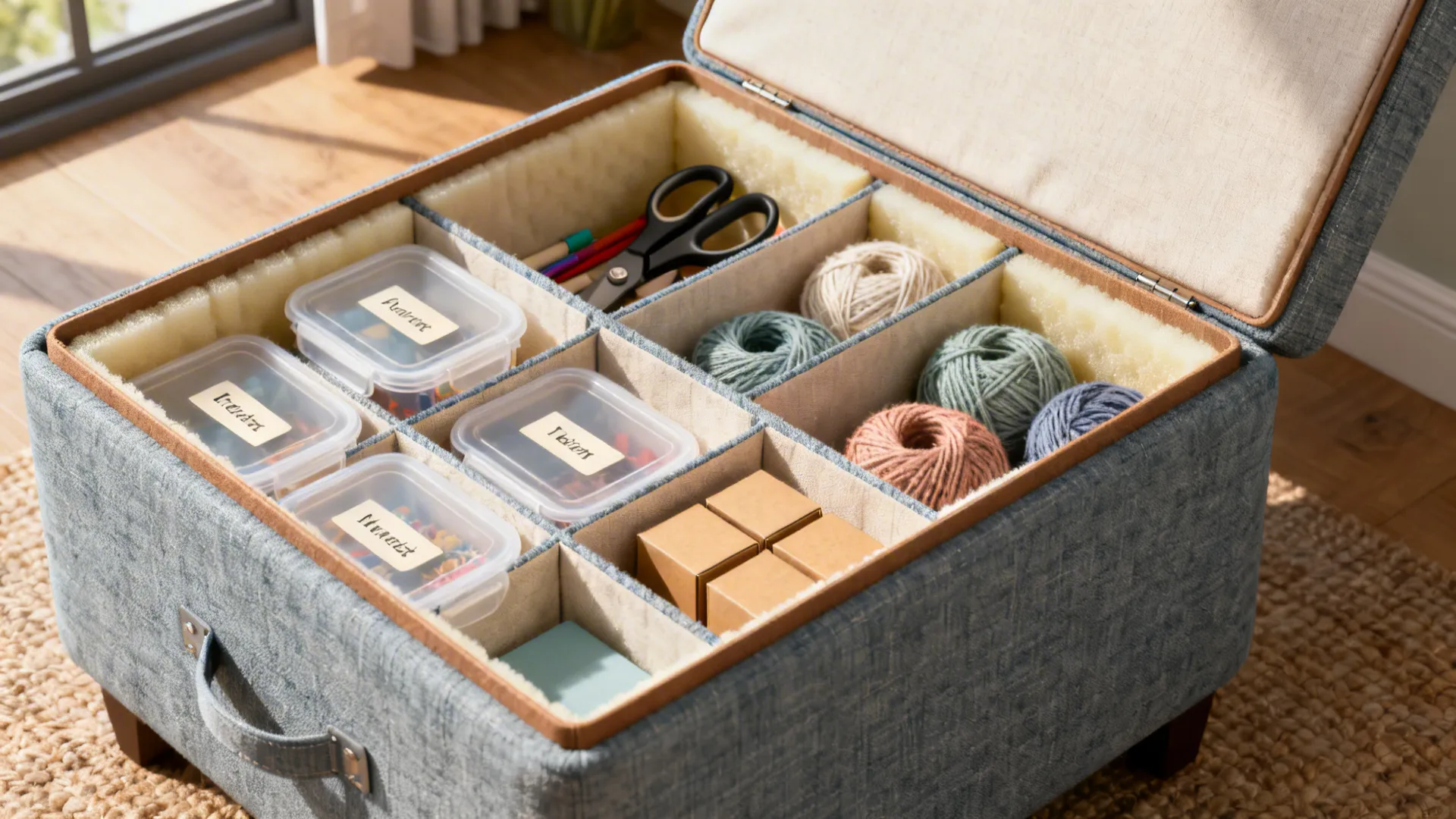 Open upholstered ottoman showing internal dividers and organized craft supplies.