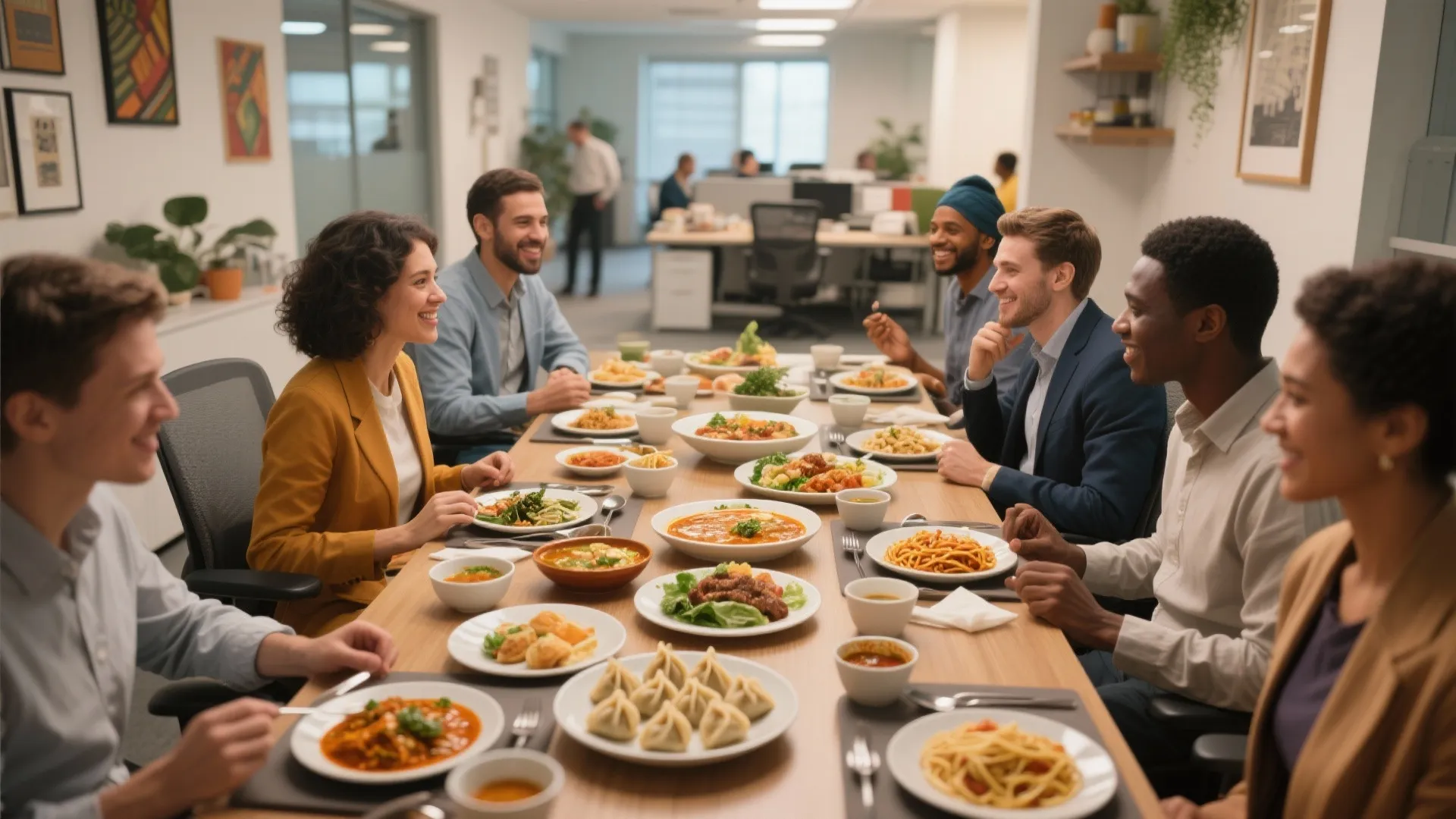 Coworkers sitting at a long office table eating international food including dumplings and pasta dishes