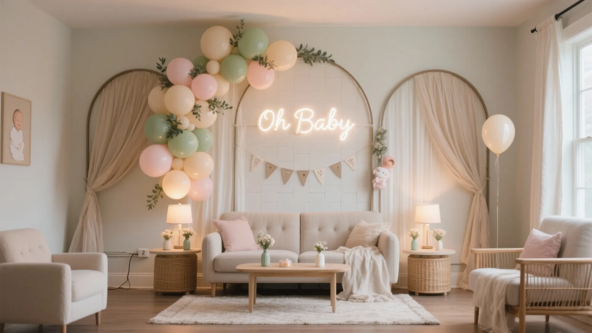 Baby shower living room with neon sign balloon arch sofa and small round side tables