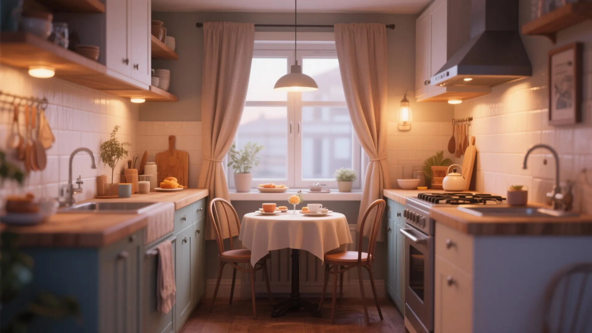 Small round dining table with two chairs inside cozy kitchen with window and warm lighting
