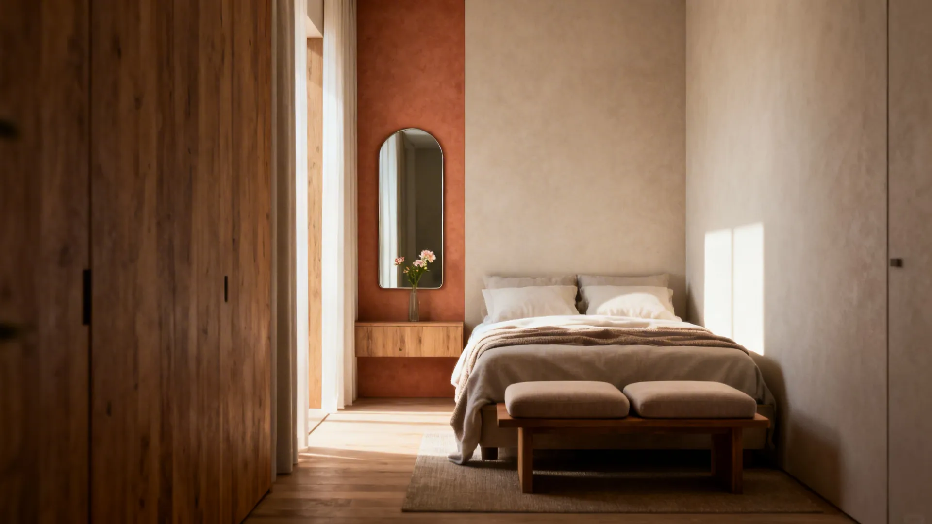 Small bedroom with clear path, low seating, mirror, and warm layered lighting.