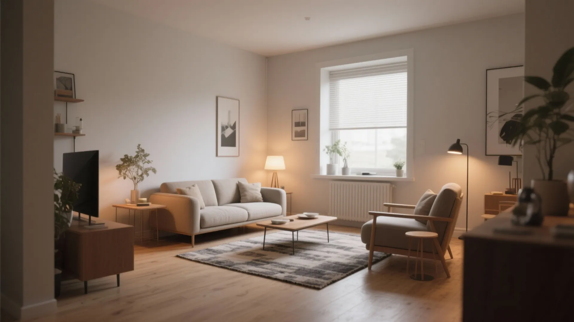Minimalist living room design with beige sofa armchair wooden coffee table rug and large bright window