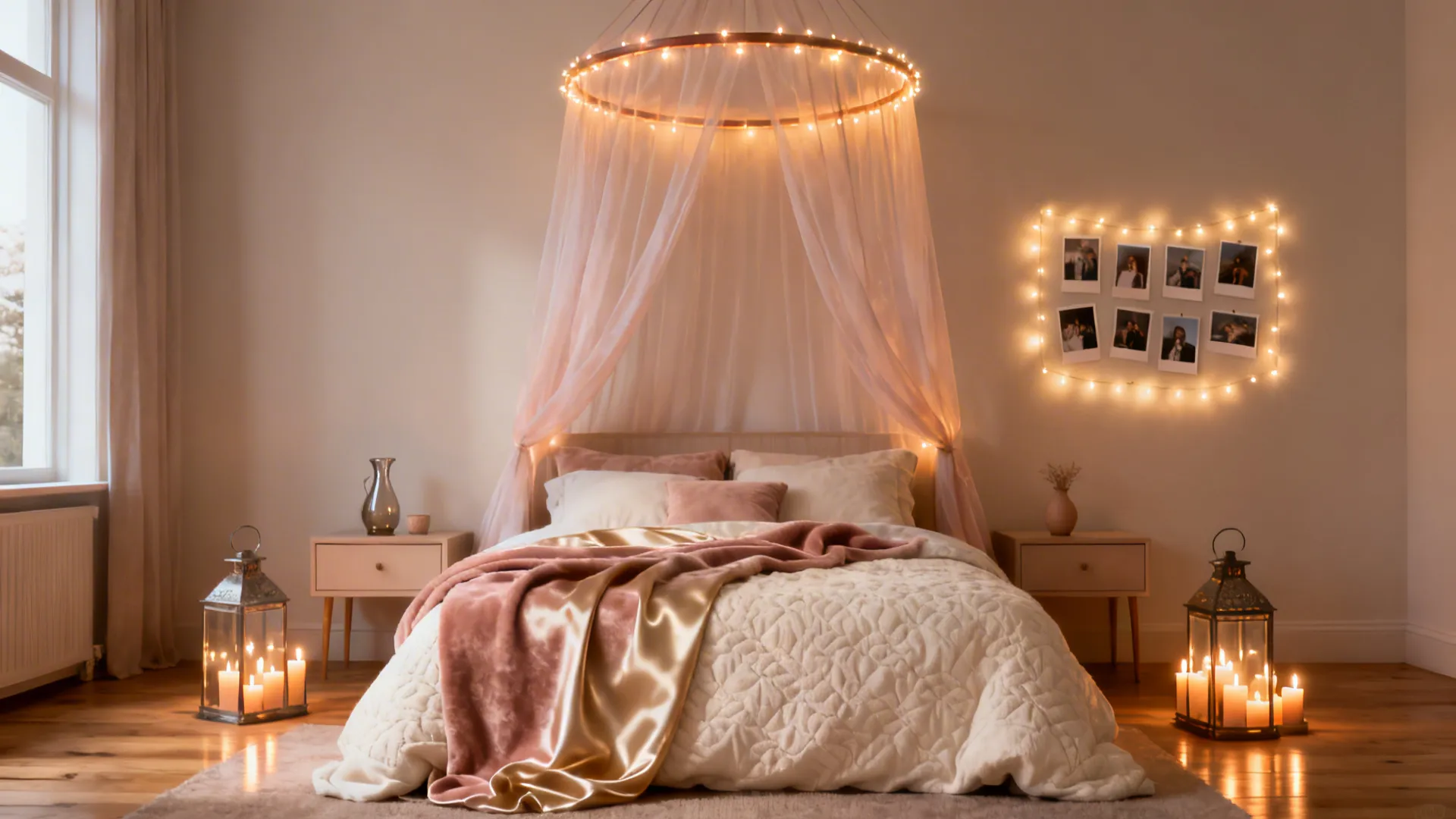 Cozy bedroom with bed under pink canopy string lights wall photos and floor candle lanterns