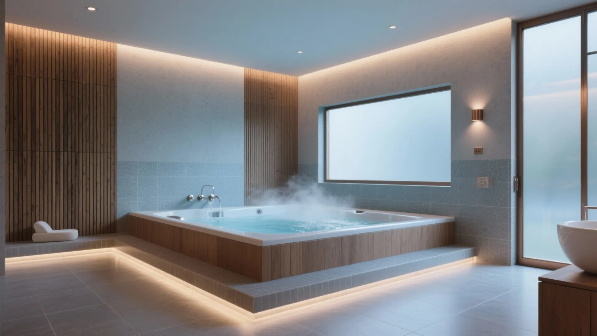 Modern spa room with large bathtub, wooden wall panel, warm lights, windows, and steam water