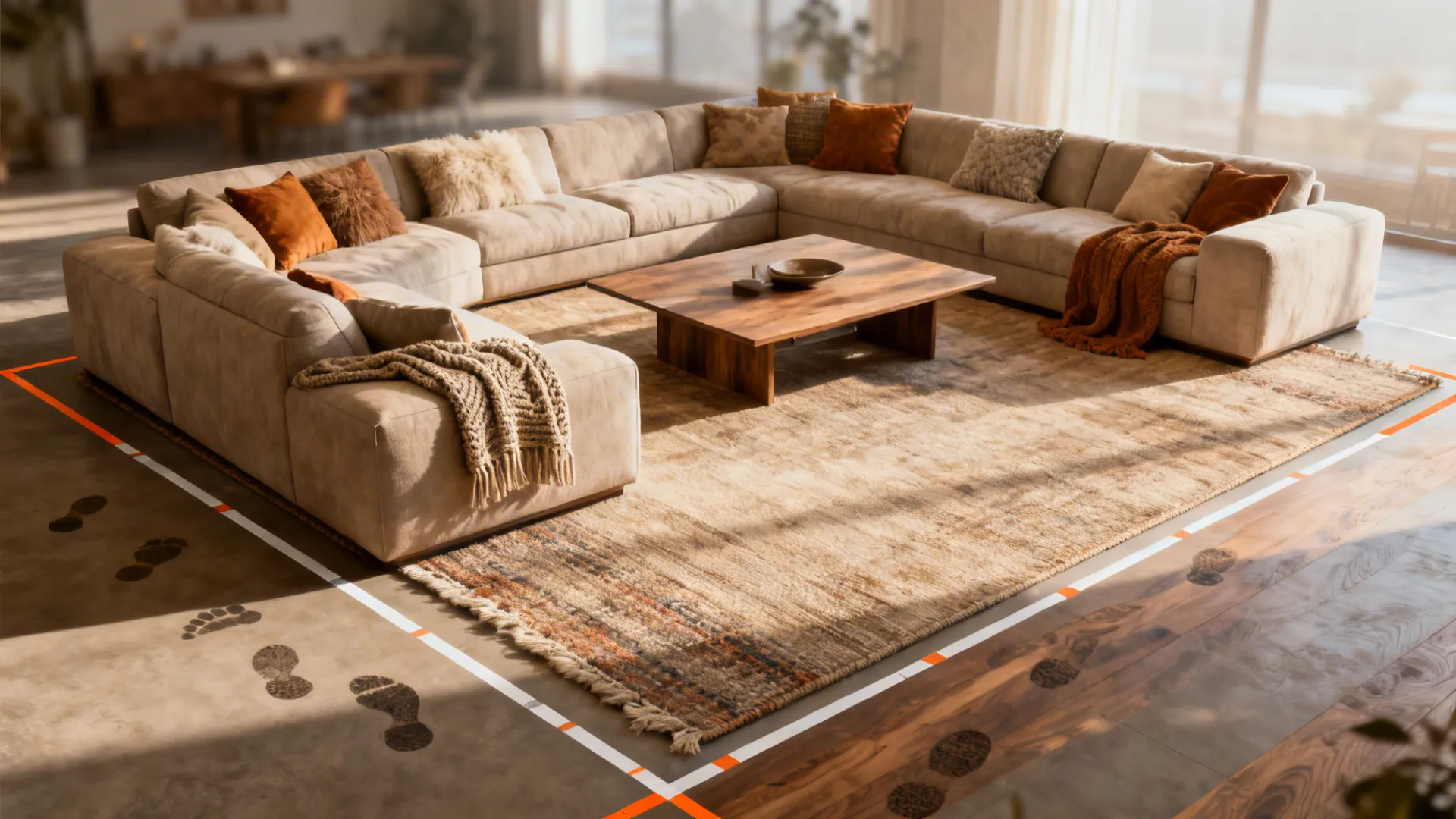 Living room with oversized rug and inward-facing sofas creating intimate seating zones, with tape outlines on the floor.