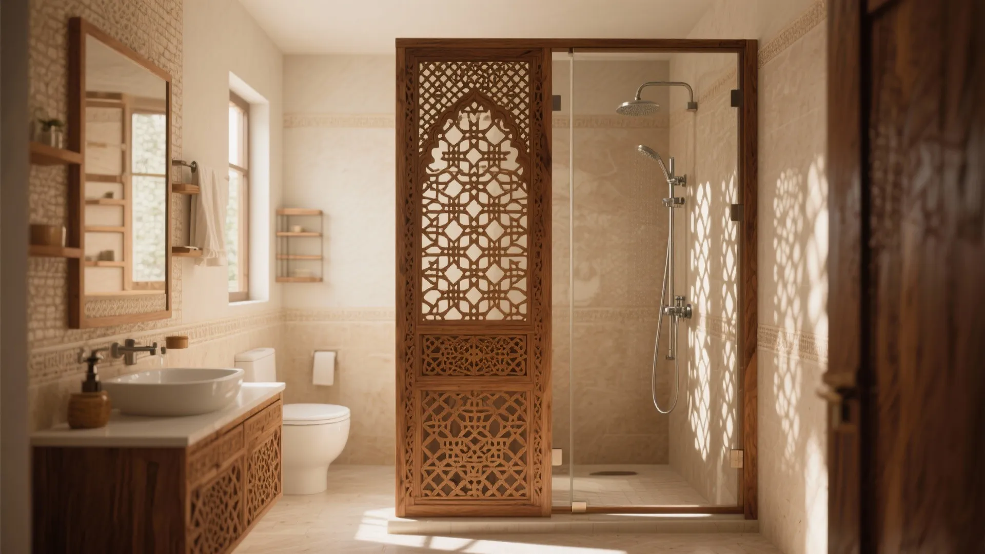 Bathroom featuring a carved wood screen shower door with white sink and wood vanity cabinet