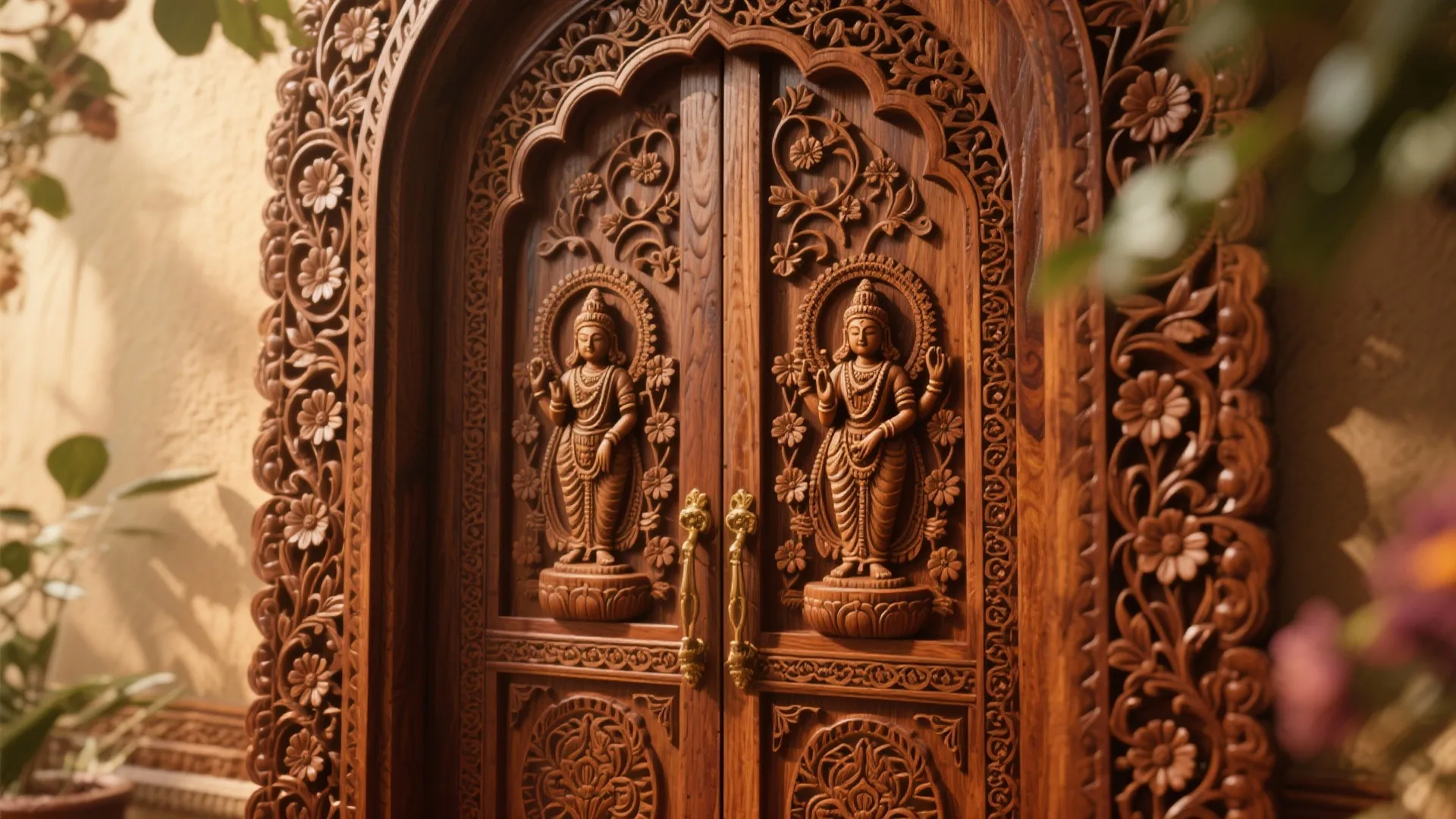 Beautiful wooden door with detailed carvings of people and flowers in a warm sunlit setting