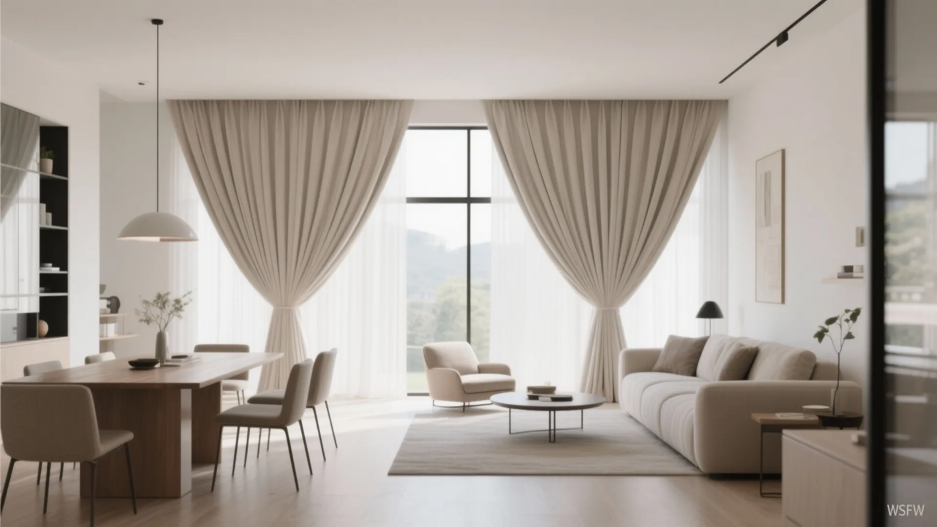 Inverted pleated drapes in a modern open-plan living space