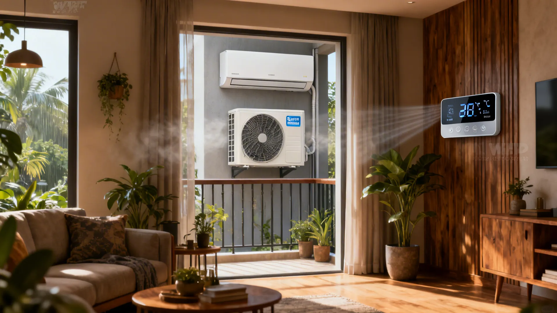 Living room showing smart inverter AC features and a control panel indicating humidity control for monsoon comfort