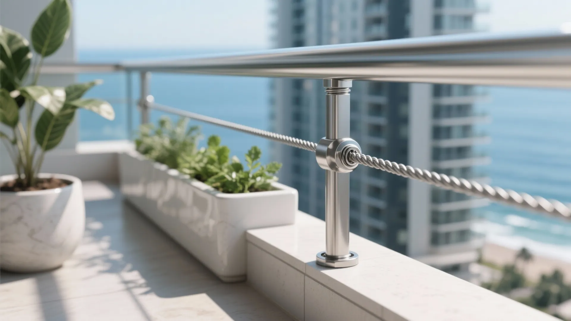 Close up of a metal cable railing on a sunny balcony with plants and ocean