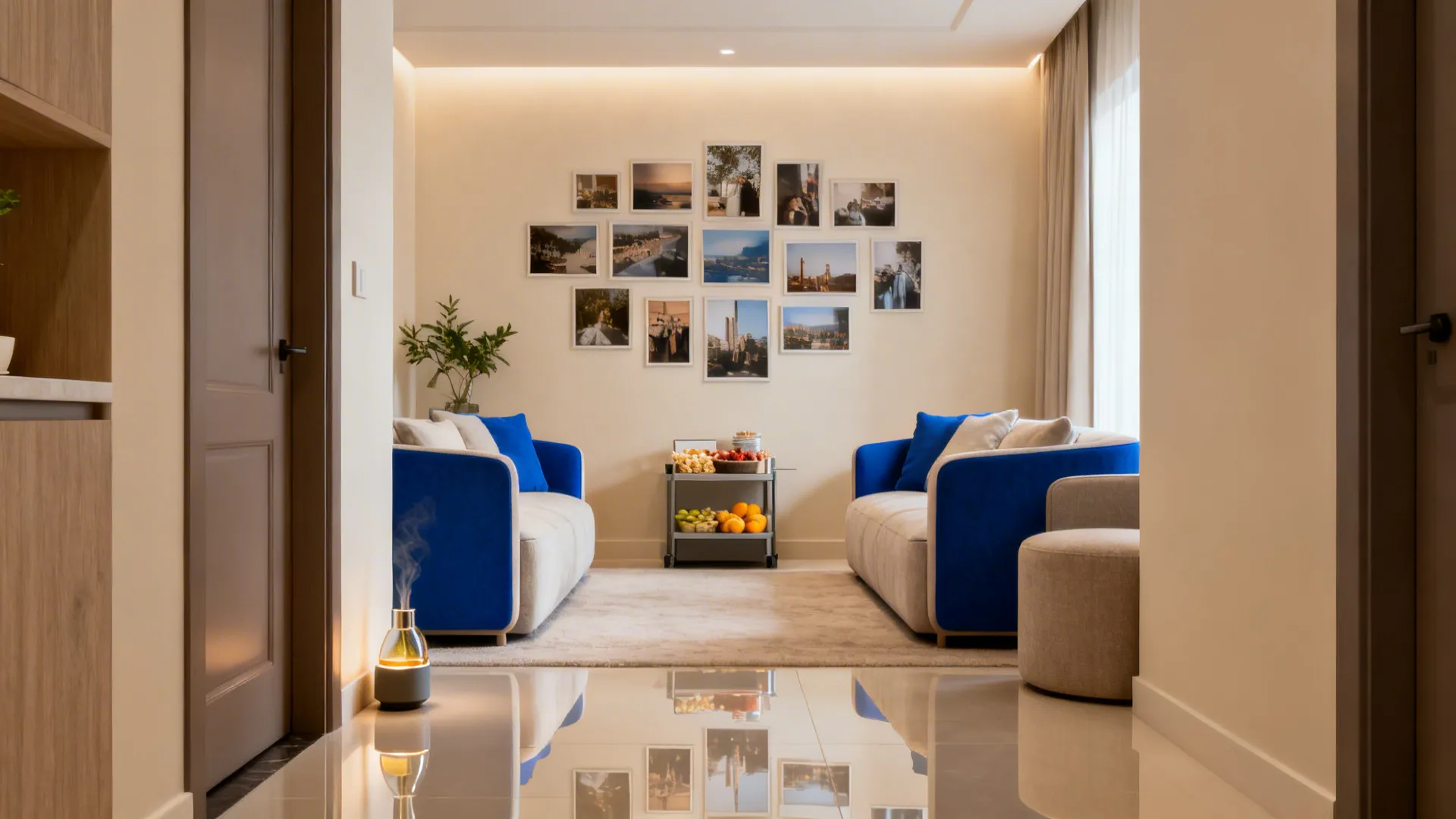 Small living room with subtle scent diffuser, discreet speakers, and clear circulation paths.