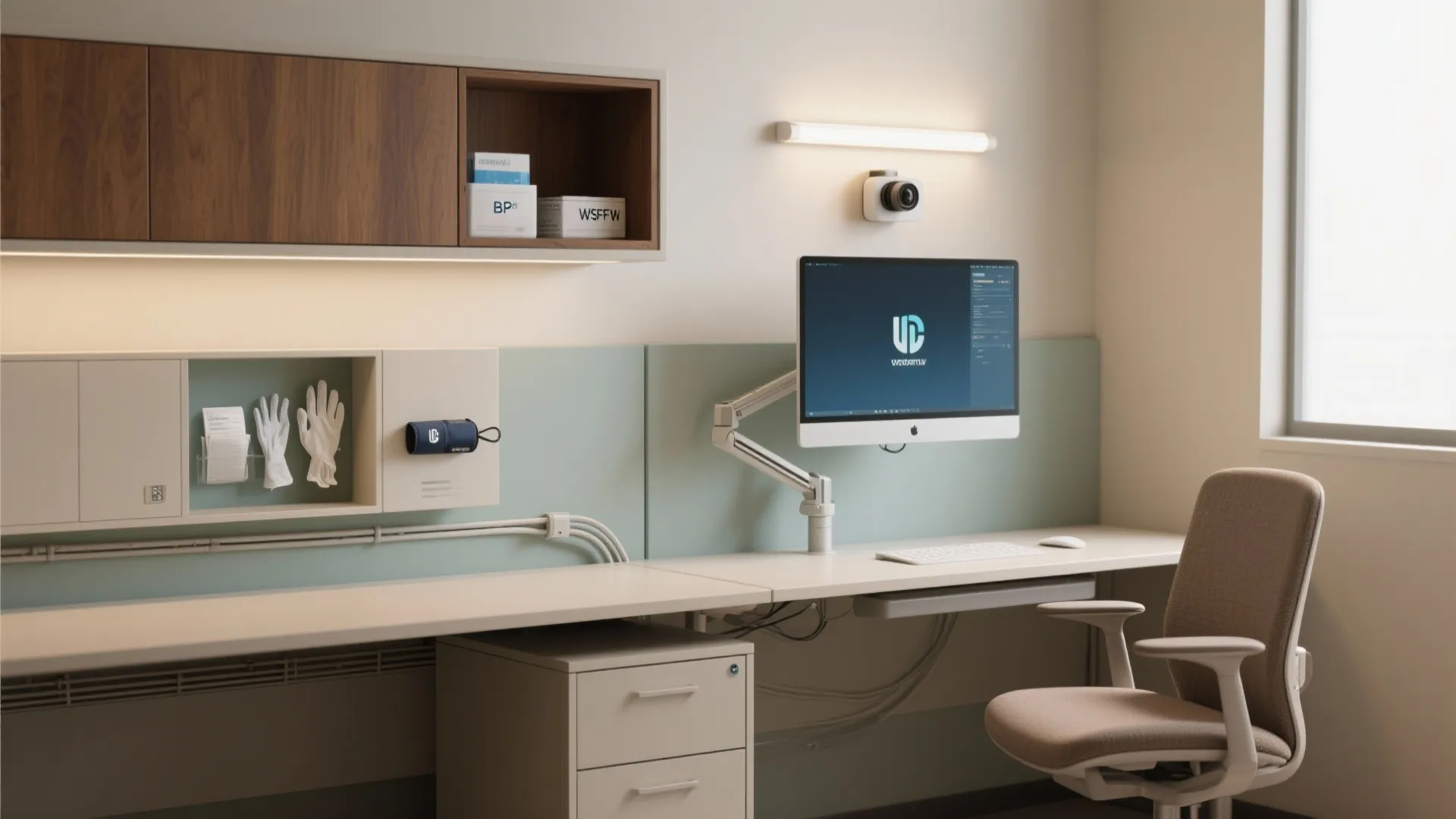 Modern office workspace with computer monitor wall light wooden cabinet and ergonomic chair in room
