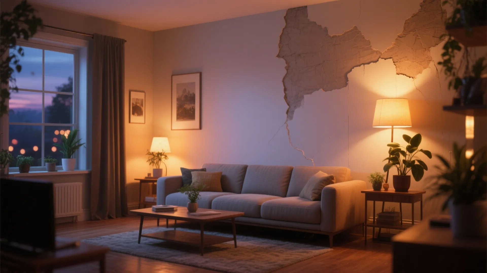 Cozy living room with grey sofa and warm lamps showing a large crack on wall