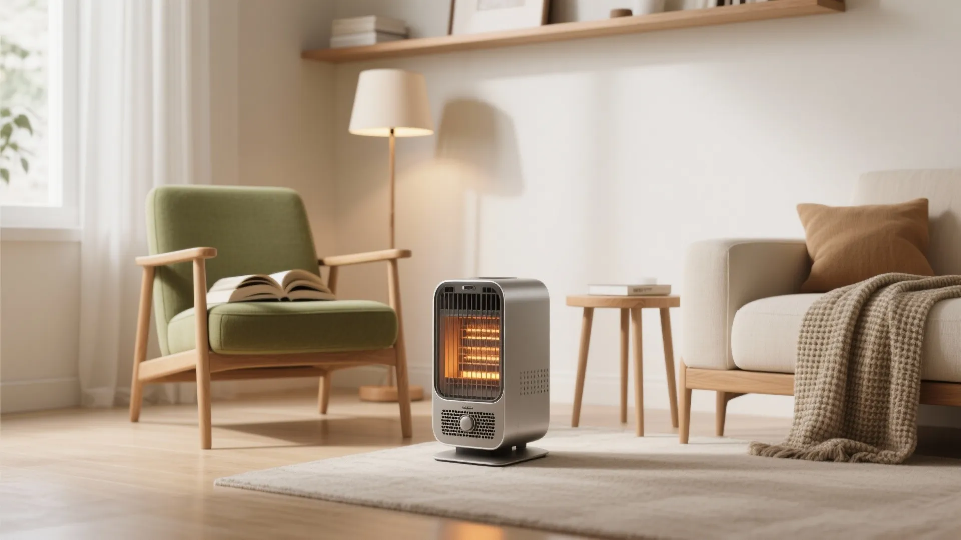 Modern living room featuring a portable heater green armchair beige sofa and warm soft natural lighting