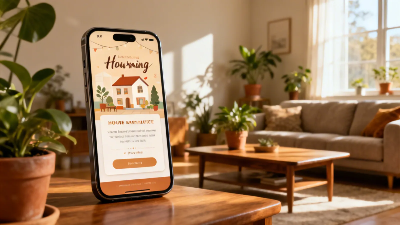 Smartphone displaying a digital house warming invitation inside a modern living room with a sofa