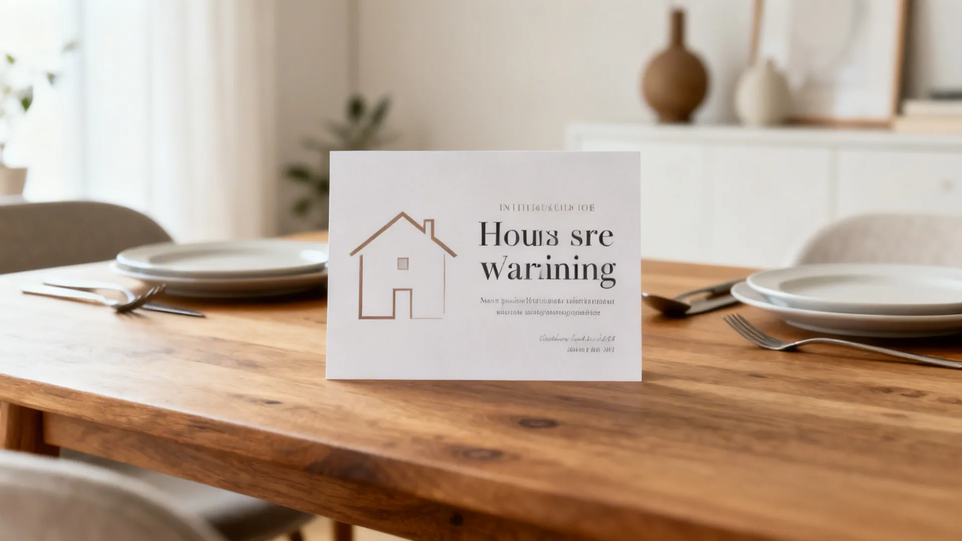 A housewarming invitation card placed on a wooden dining table with plates forks and napkins