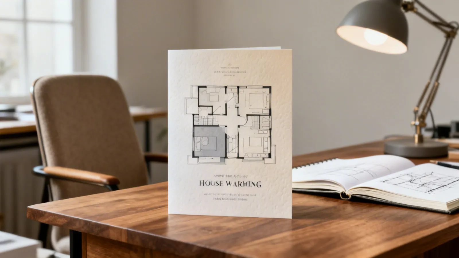House warming invitation card with house floor plan layout design on a wooden office desk