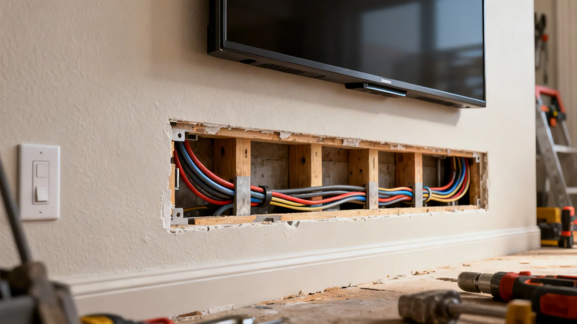 Cutaway detail of in-wall cable chase behind a wall-mounted TV with neat in-wall rated wiring