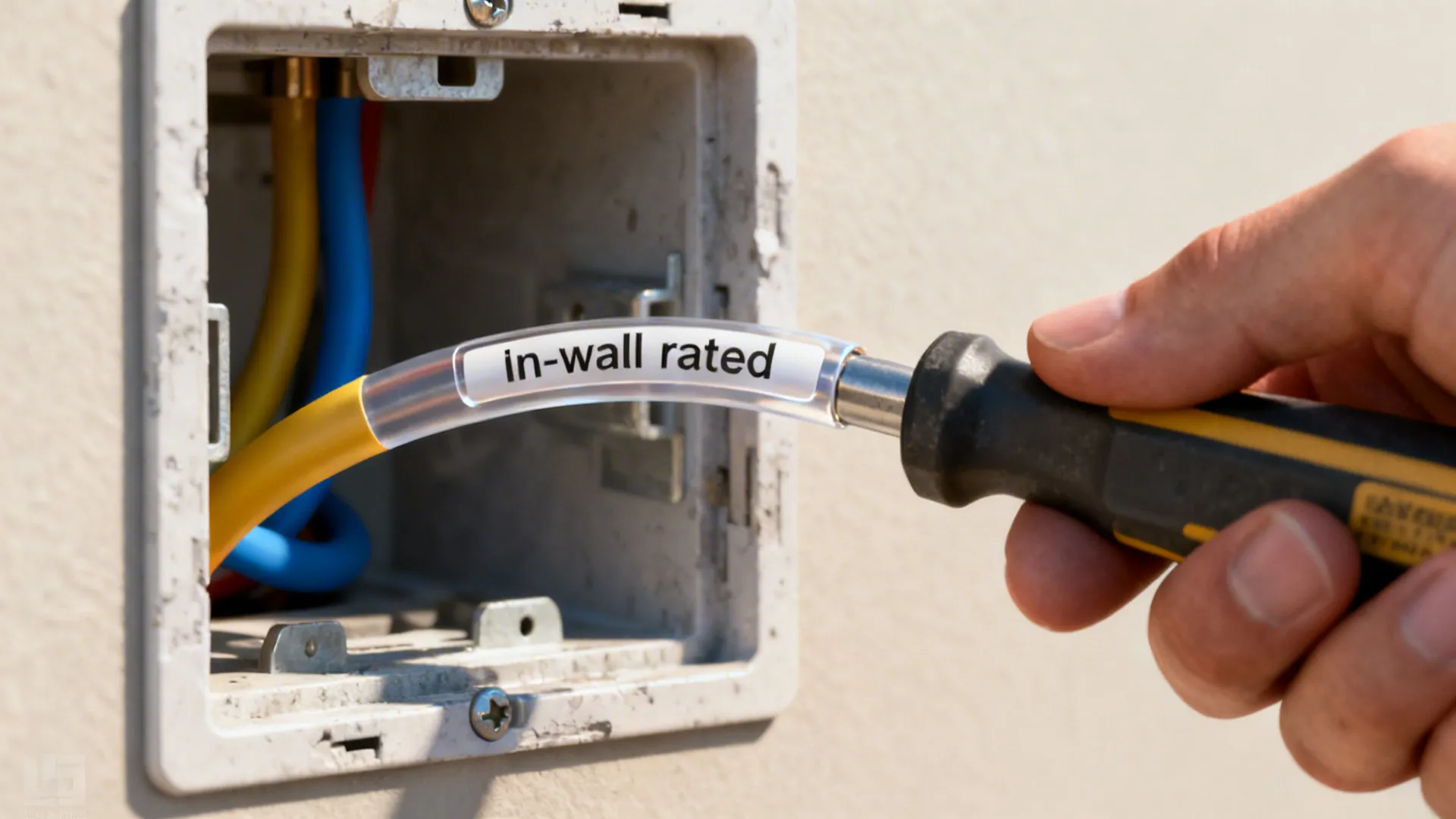 Close-up of in-wall rated cable labeling and electrician tools emphasizing safety