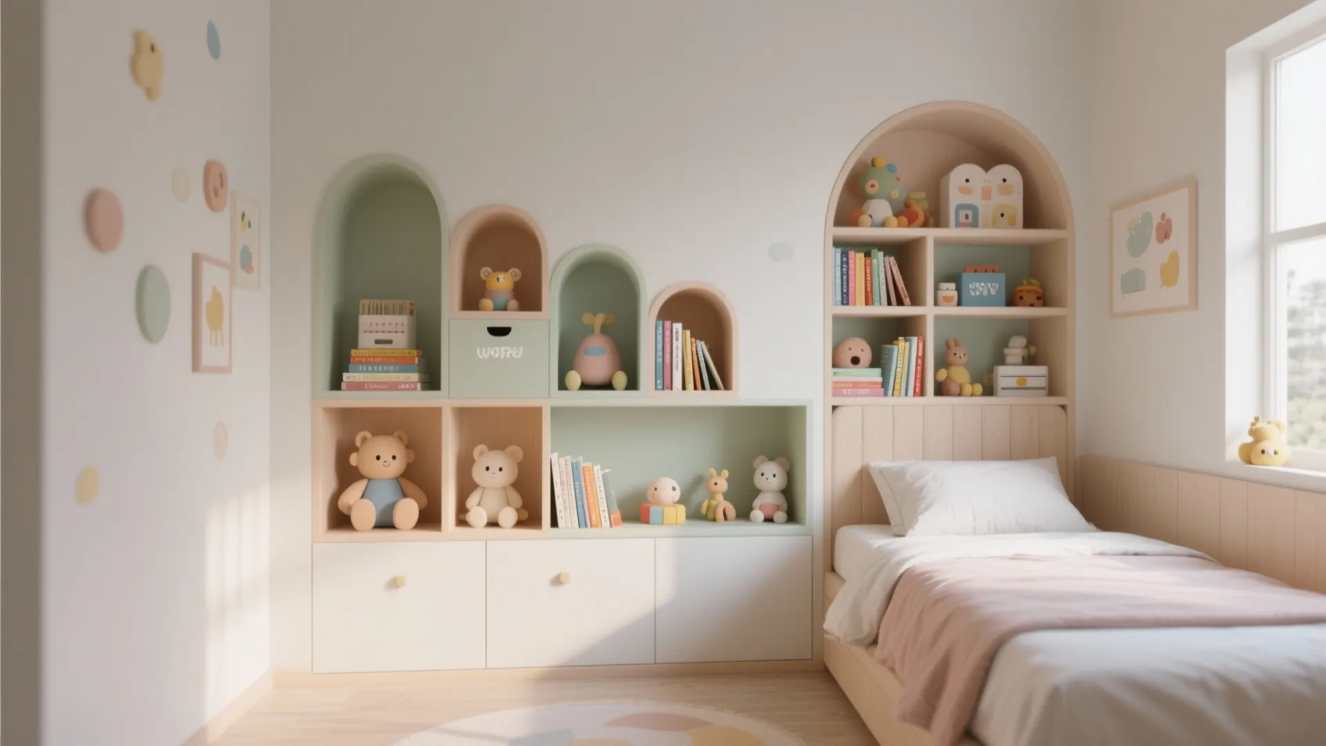 Children bedroom with arched wall shelves for toys next to a cozy bed with white linens