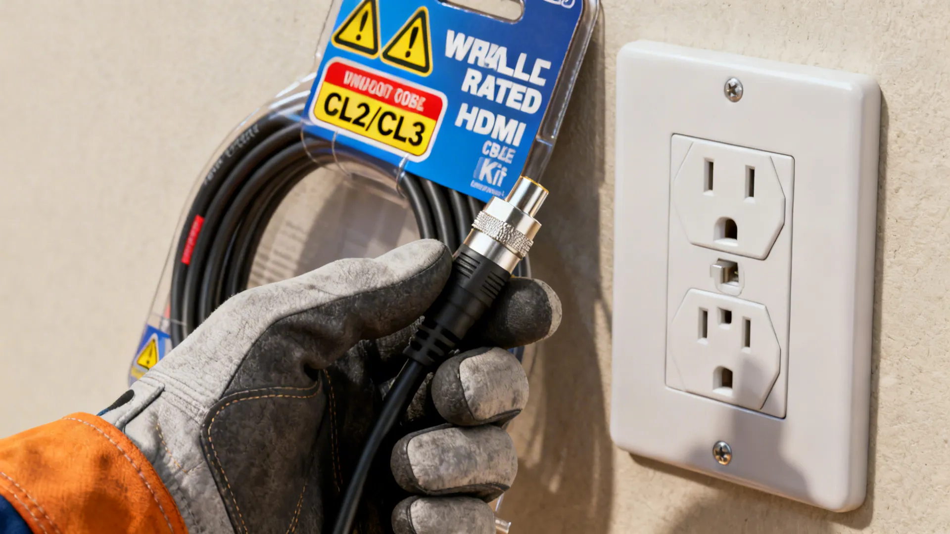 In-wall rated HDMI cable packaging and an in-wall outlet kit emphasizing safety ratings