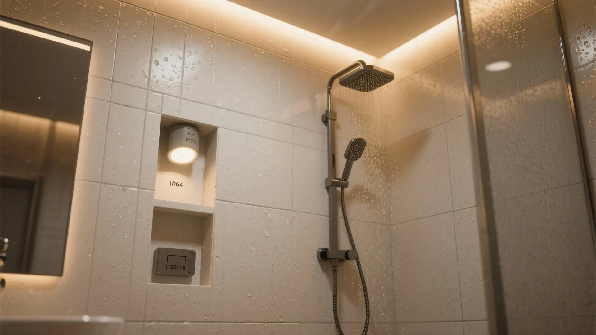IP65-rated wall fixture mounted near a tiled shower niche for wet-zone safety.