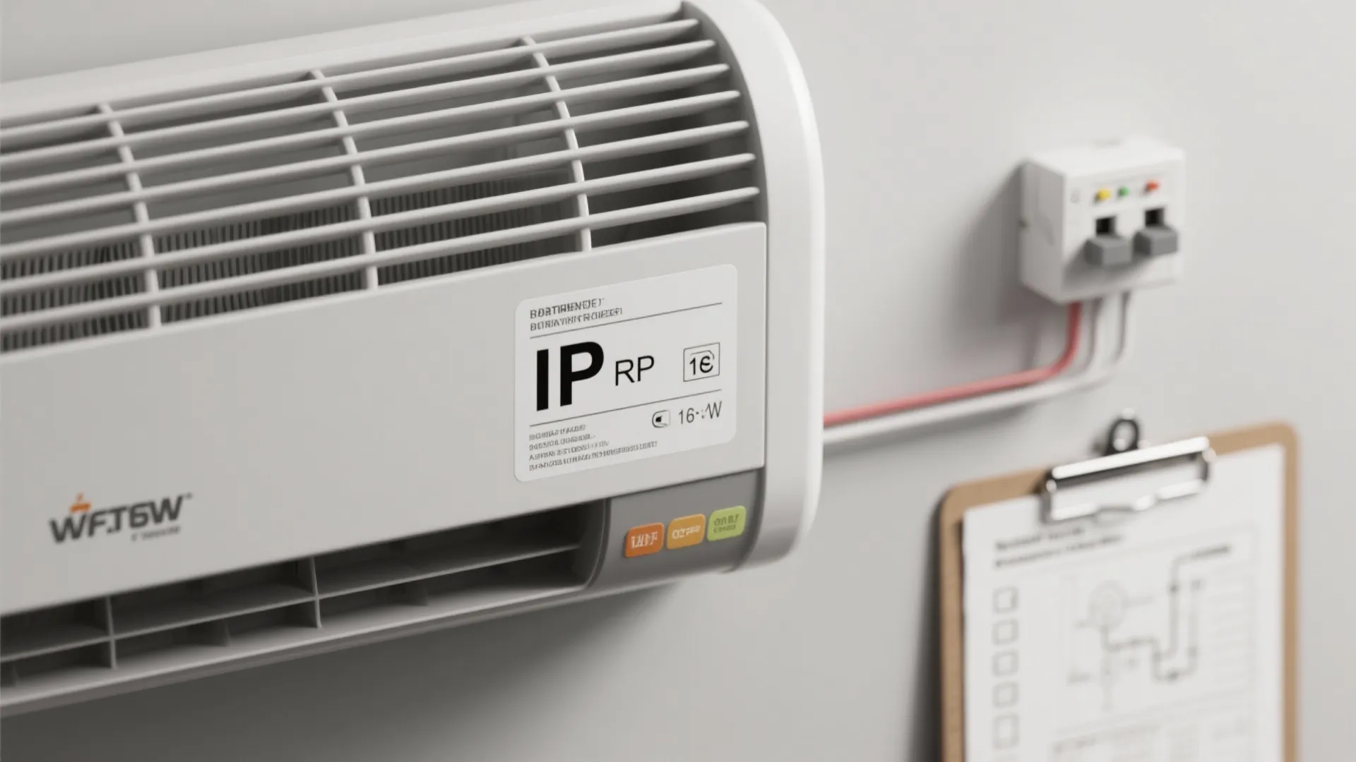 Modern white wall mounted bathroom heater with IP rating label and safety power switch nearby