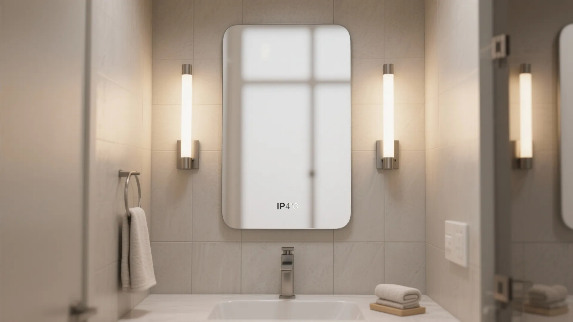 Bathroom sink area with a large mirror flanked by two vertical white wall light fixtures