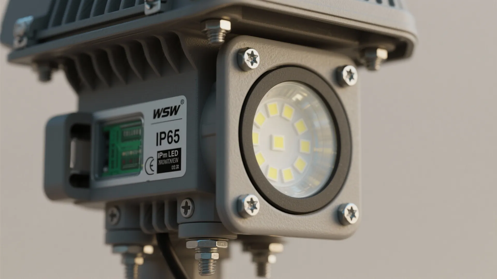 Close-up of an IP65-rated outdoor light seal and mounting hardware for weatherproofing.