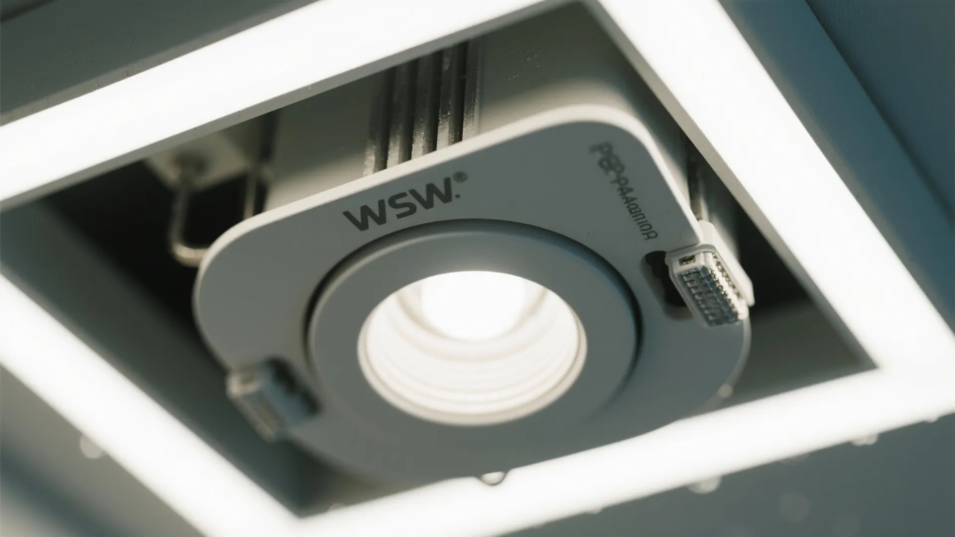 Close up view of a small square recessed light fixture with a round center bulb