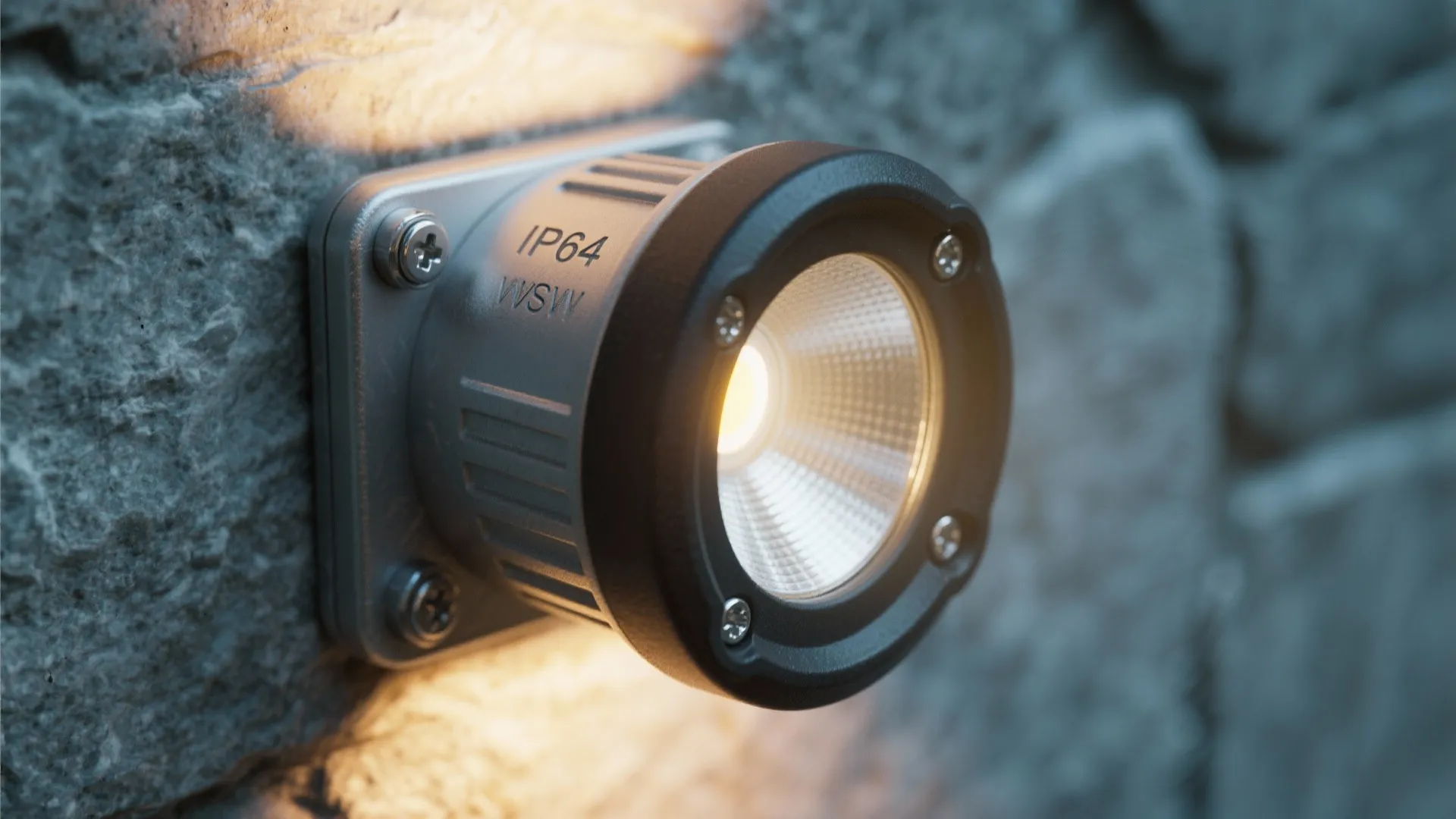 Close up of a round outdoor wall light fixture with warm glow on grey stone