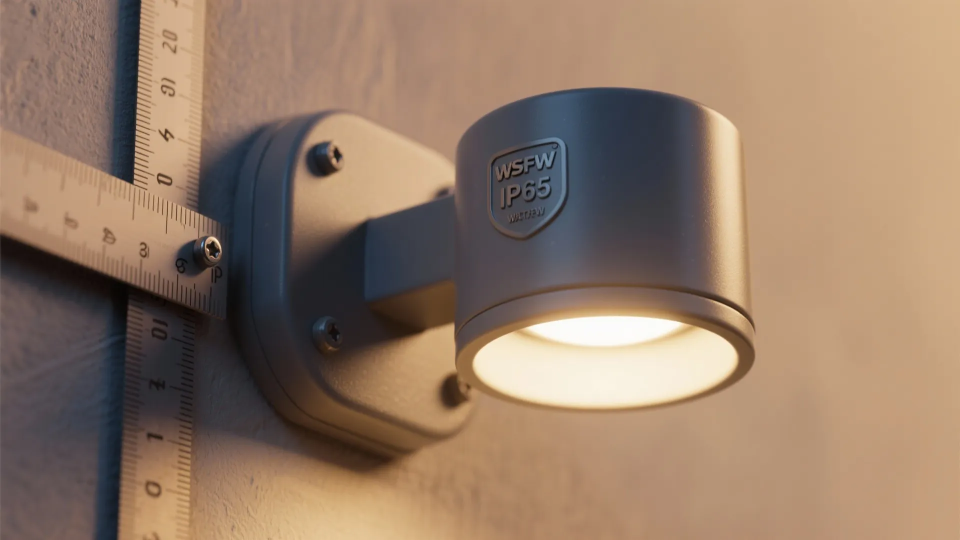 Close-up of IP65 rating label on an outdoor sconce with ruler indicating recommended mounting height.
