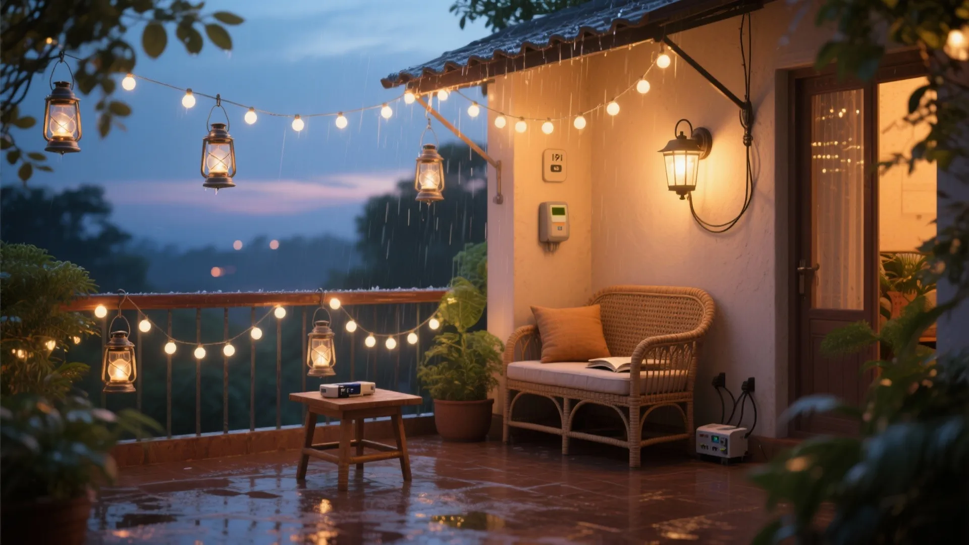 Rainy balcony at night decorated with string lights lanterns a small sofa and wooden table