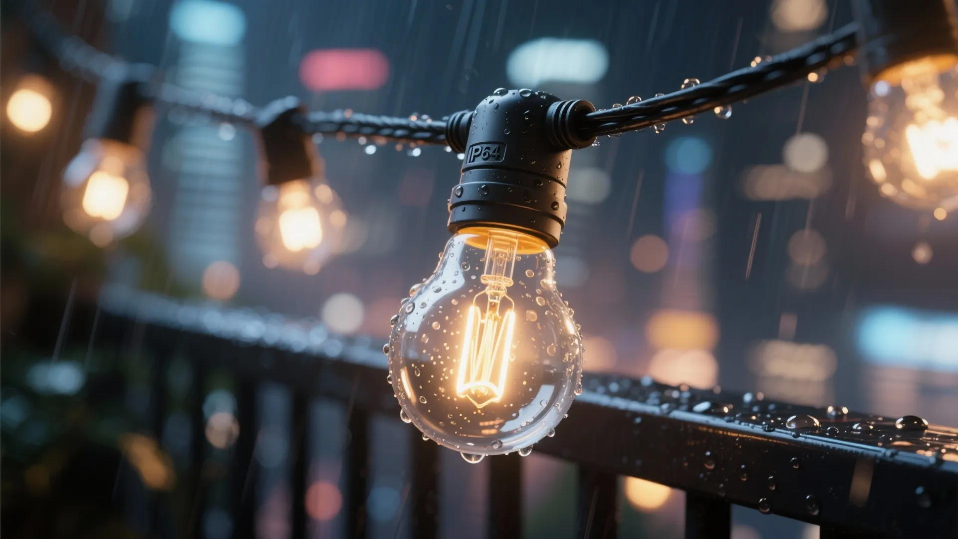 Close up of waterproof string lights with water drops hanging on a balcony at night