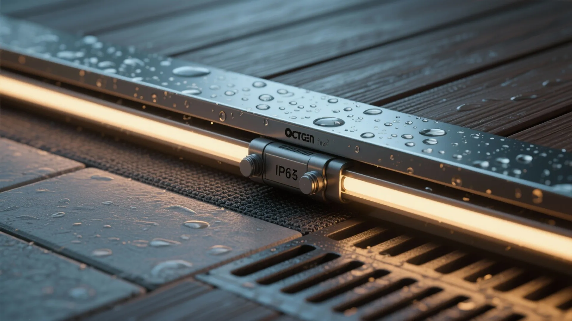 Waterproof outdoor LED light strip with water drops on a dark wood floor and metal drain