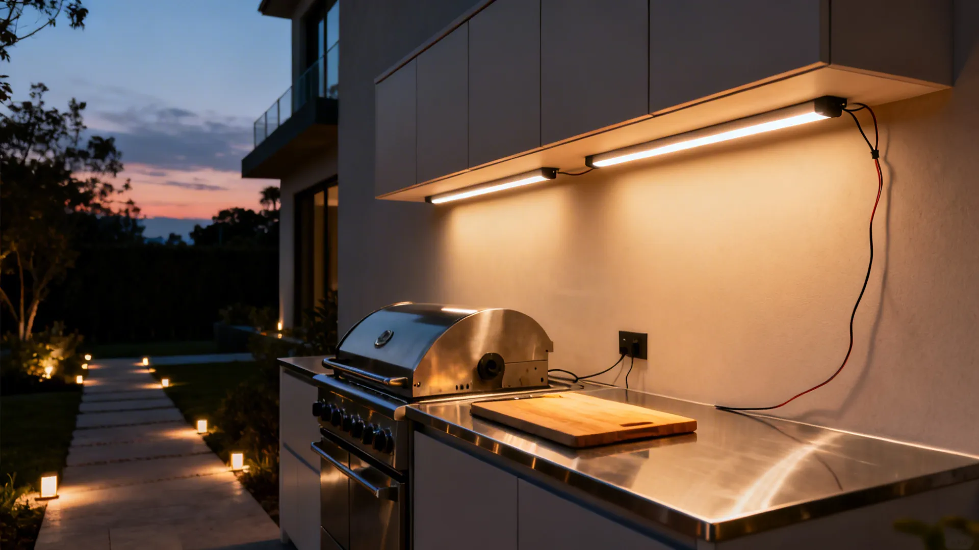 Evening outdoor kitchen with warm IP65 LED task lights illuminating prep area.