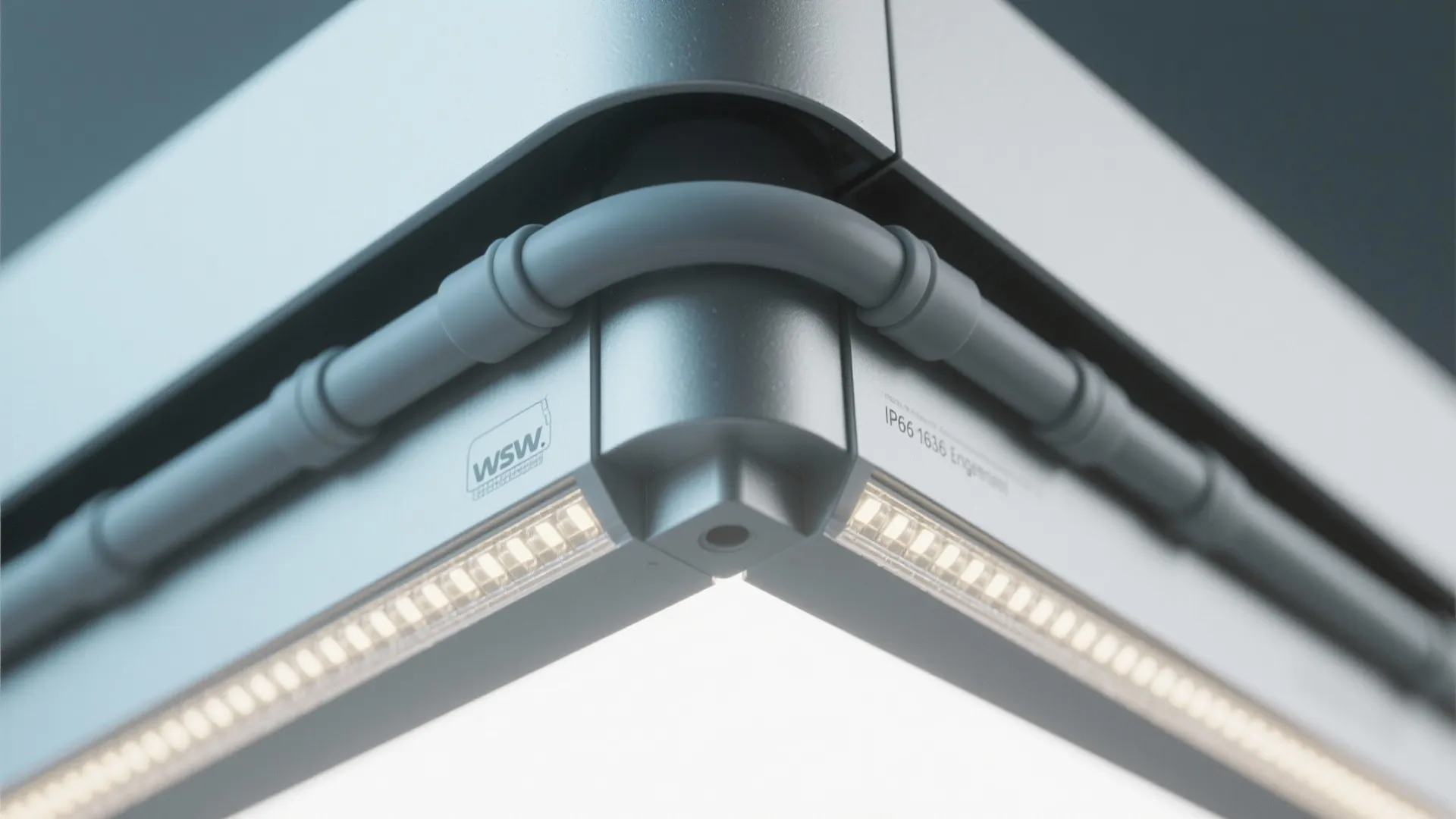 Macro detail of a sealed LED panel with silicone gasket and bonded lens.