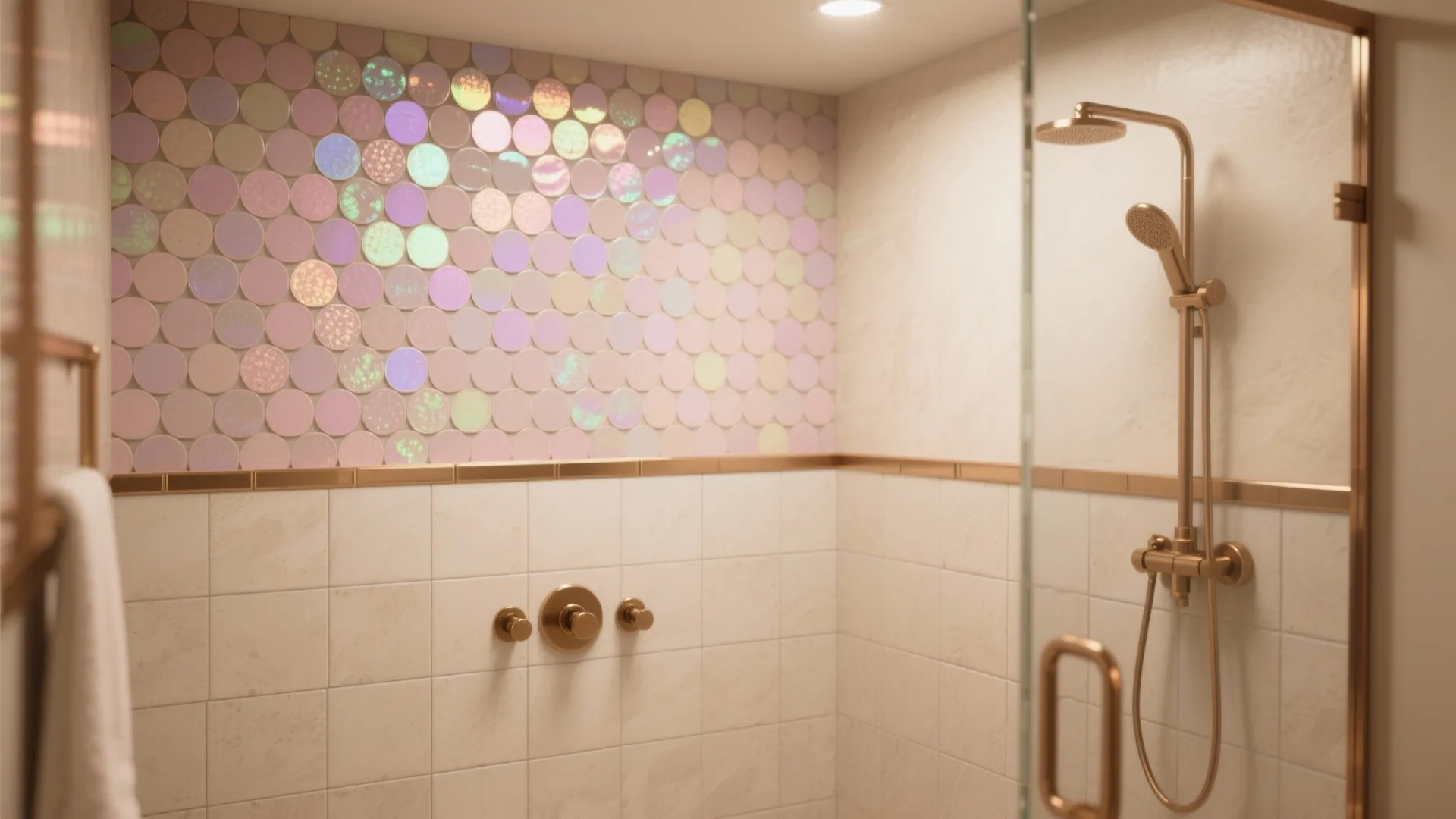 Modern bathroom shower with pink circle tiles gold shower head glass door and white tiles