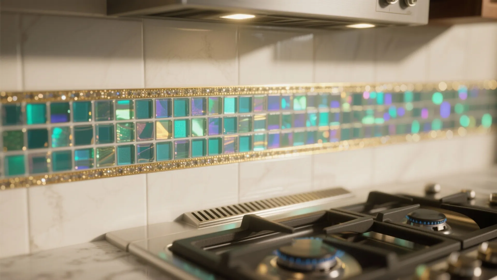 Close-up of iridescent glass mosaic strip behind a stove, showing prismatic reflections and precise grout.