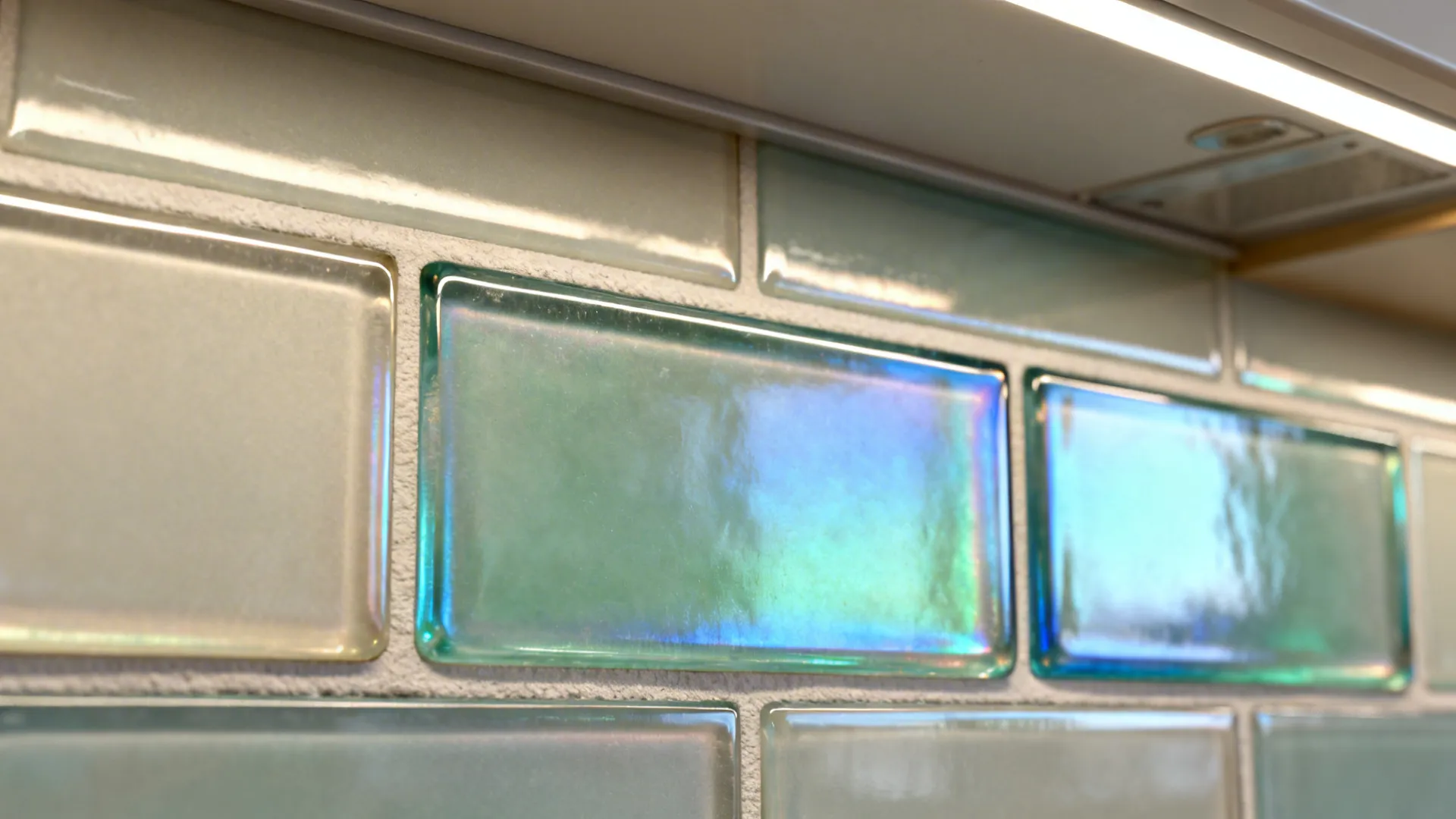 Close-up of iridescent subway glass tiles showing blue-green shimmer and matching grout.
