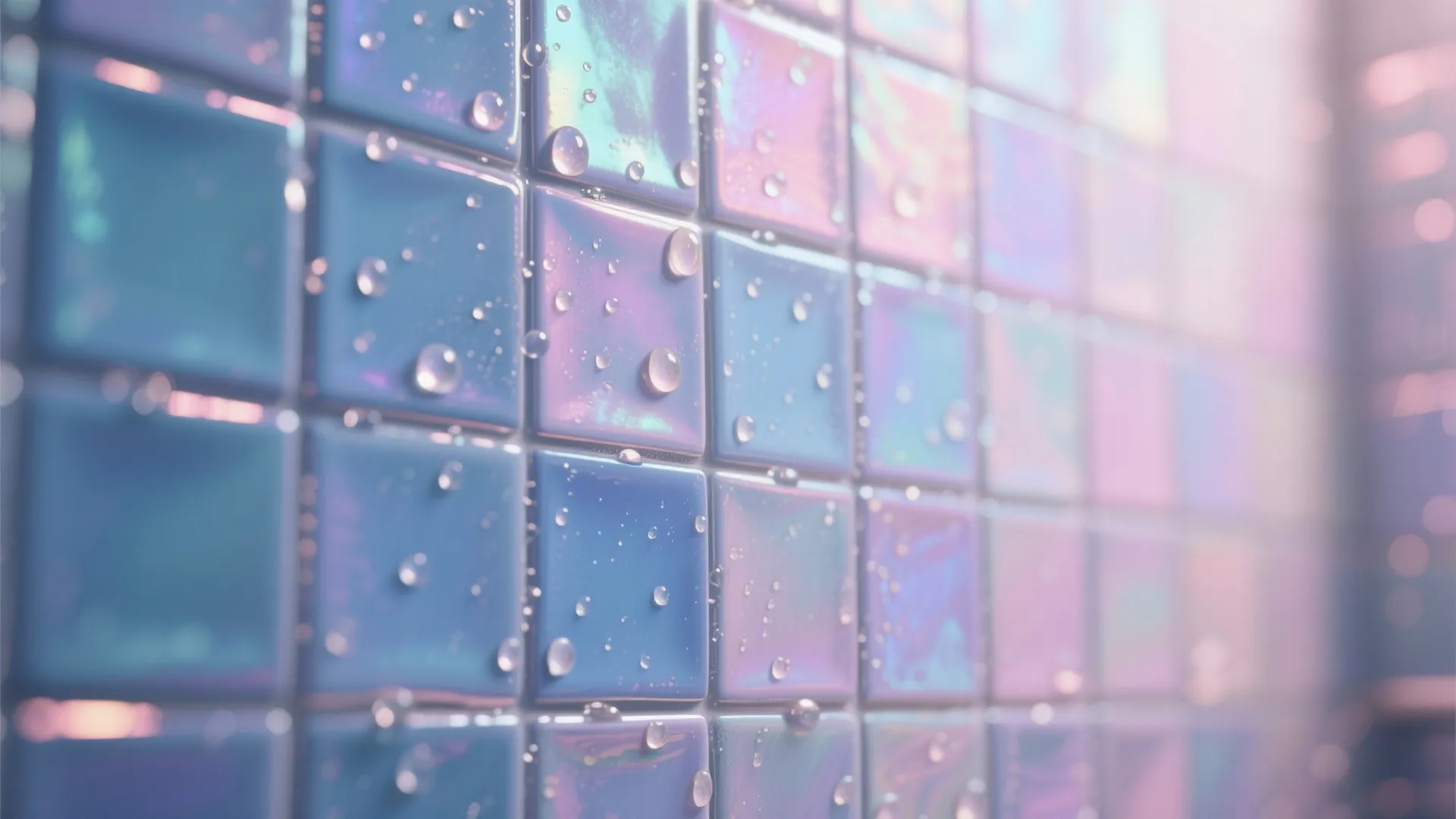 Close up view of blue and purple square wall tiles with water drops and light