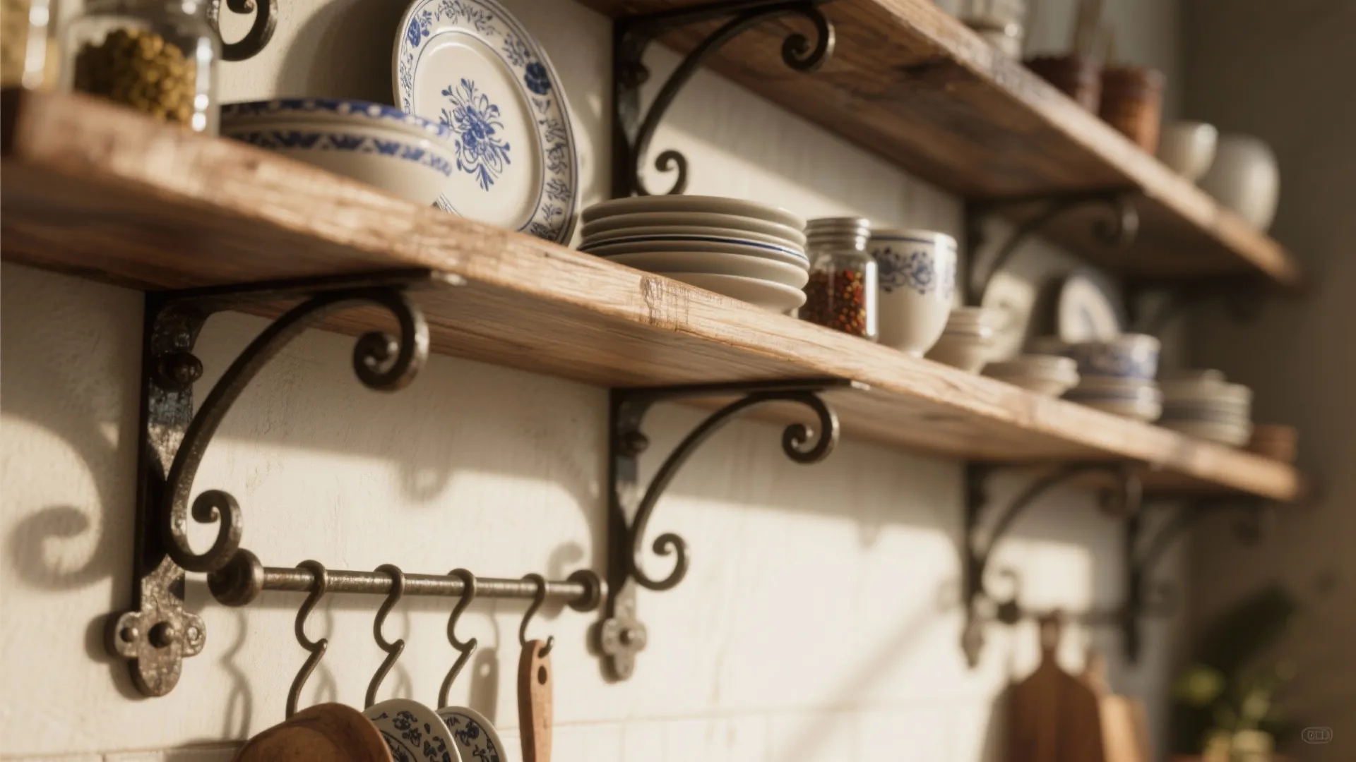 Rustic open shelves with wrought iron brackets storing kitchenware