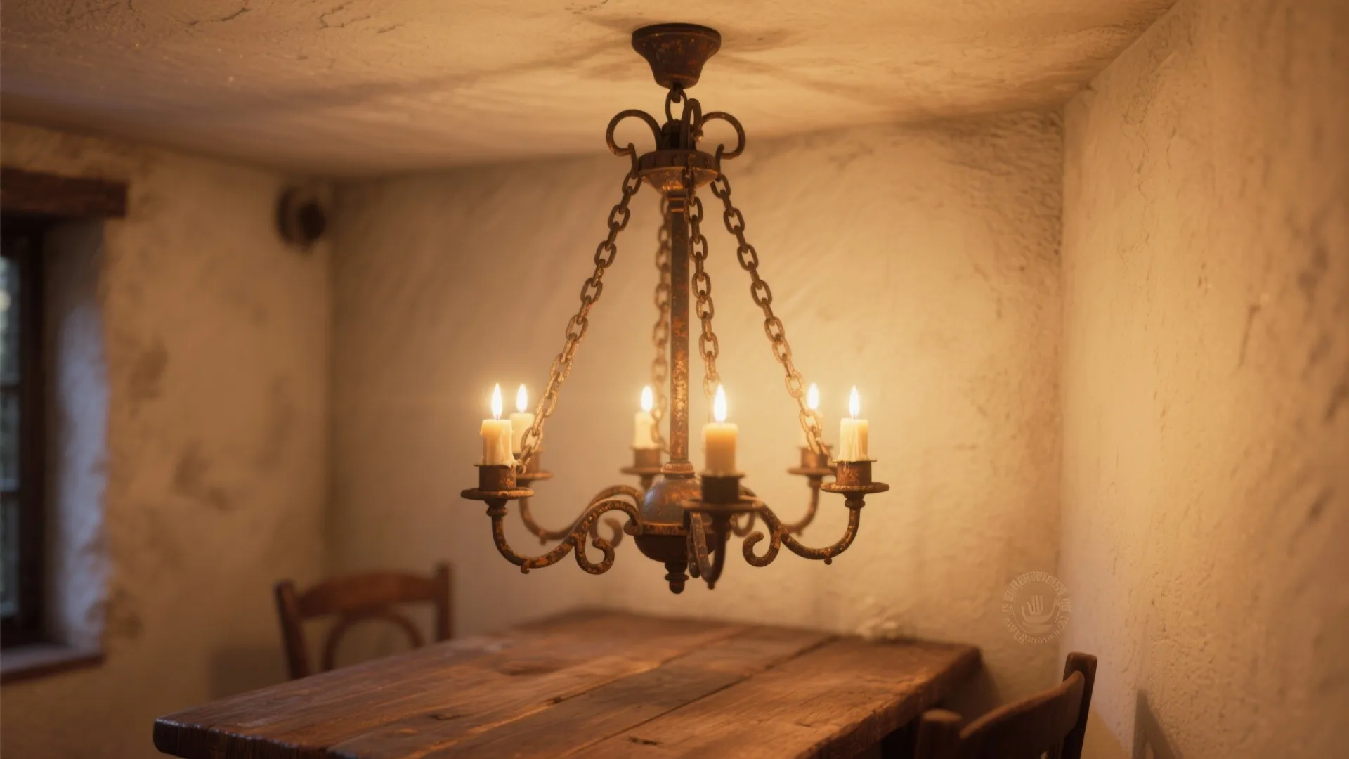 Close-up of a petite wrought iron chandelier with patina and candle-style bulbs over a small dining corner.