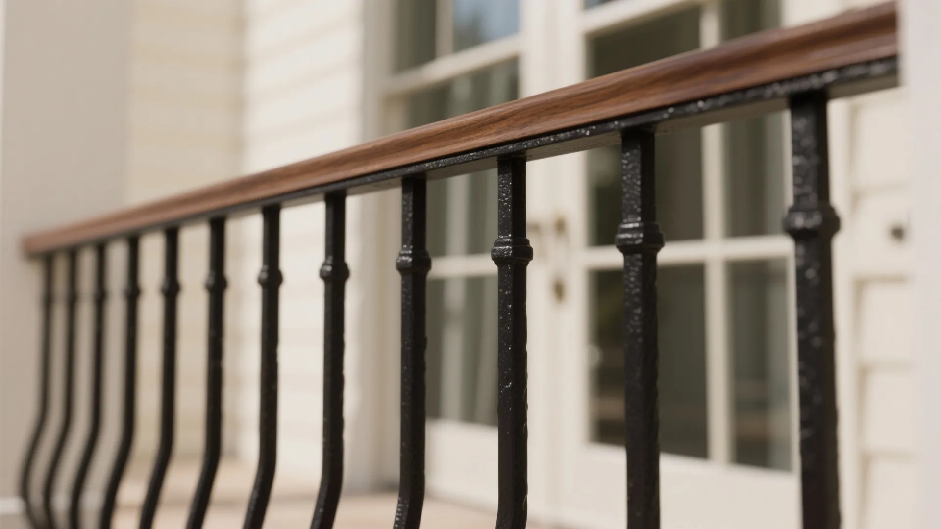 Close up of a black metal railing with a smooth brown wood handrail on top