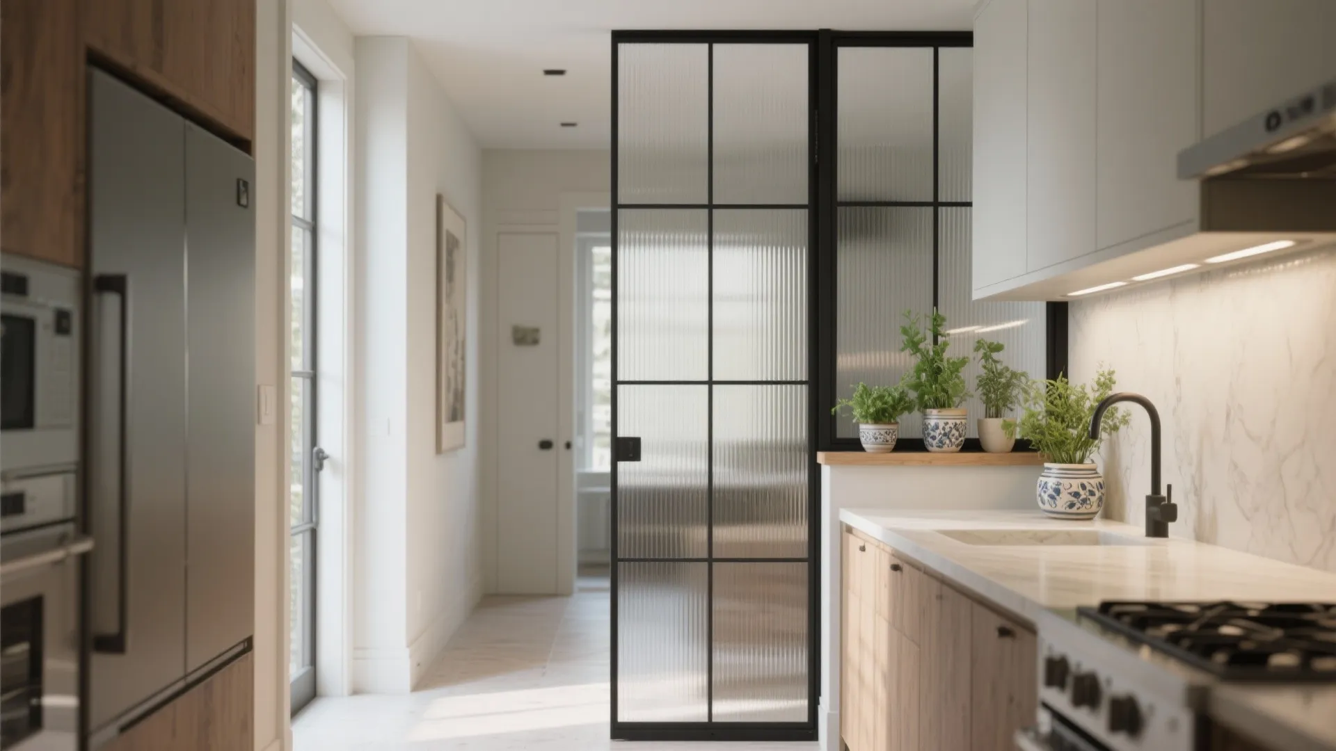 Iron-and-Glass Kitchen Divider for Light and Airflow