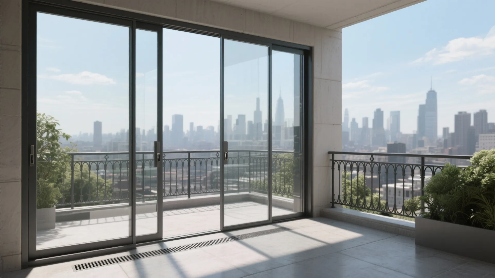 Wrought iron framed balcony with laminated glass panels providing wind protection and open views.