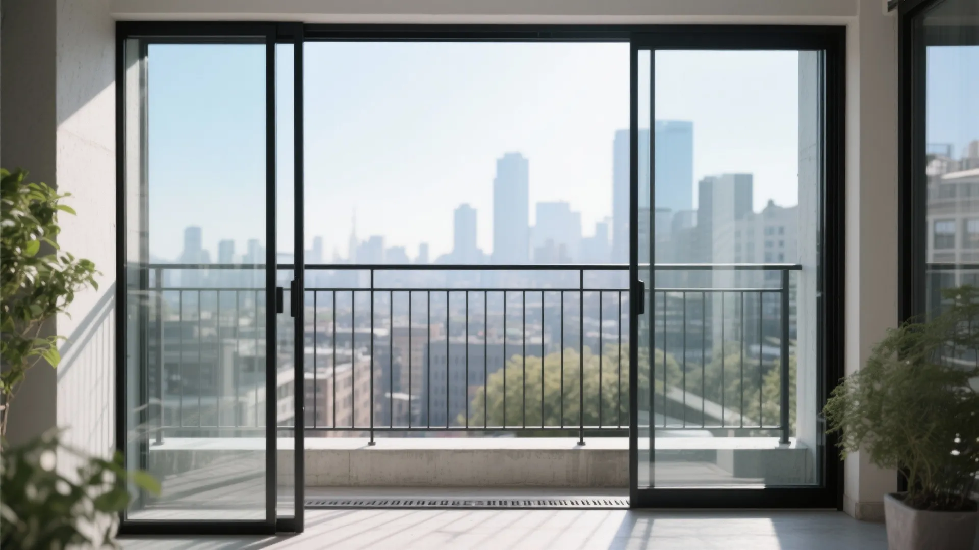 Open glass sliding doors leading to a balcony with black metal railing and city skyline