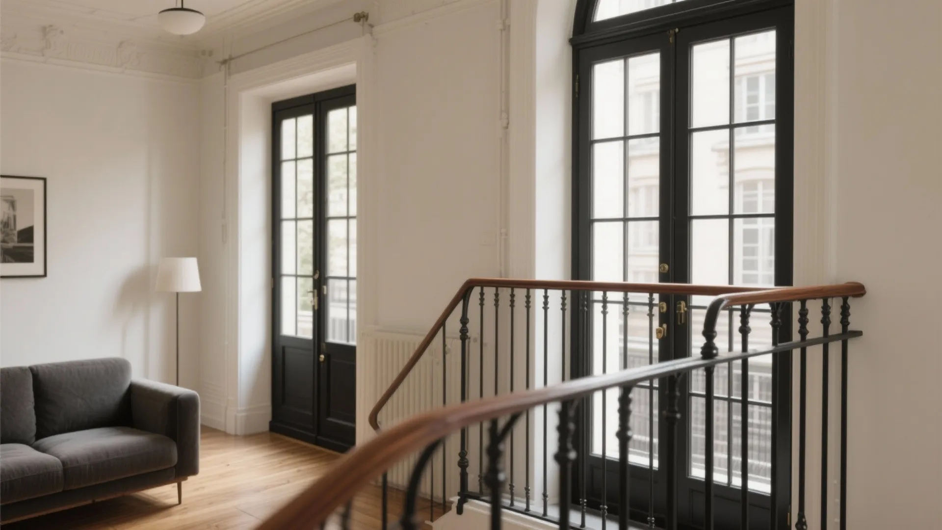 Modern interior with white walls grey sofa wooden floor stairs and tall black frame windows