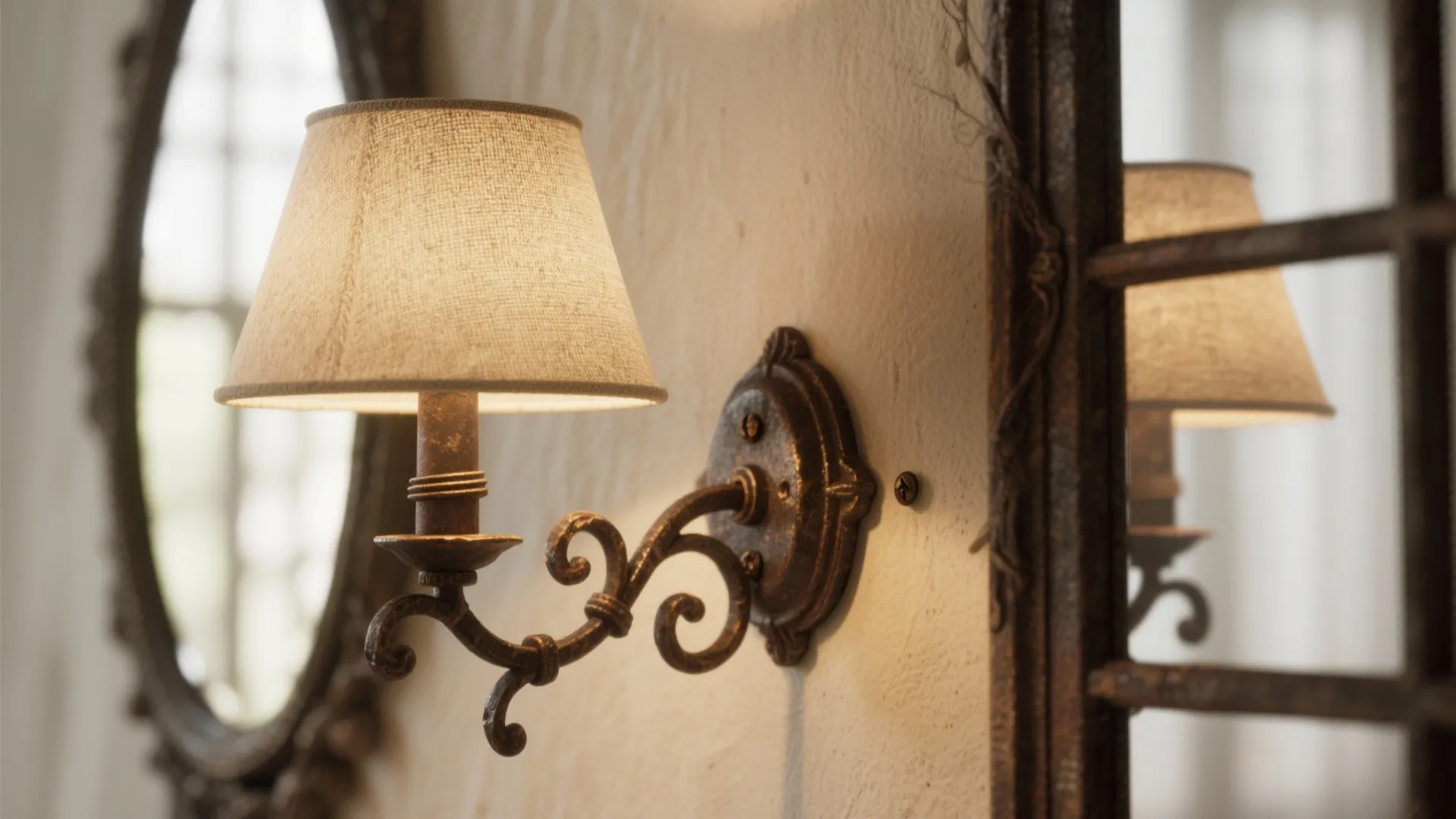 Vintage style wall light with a fabric shade mounted on a wall next to mirror