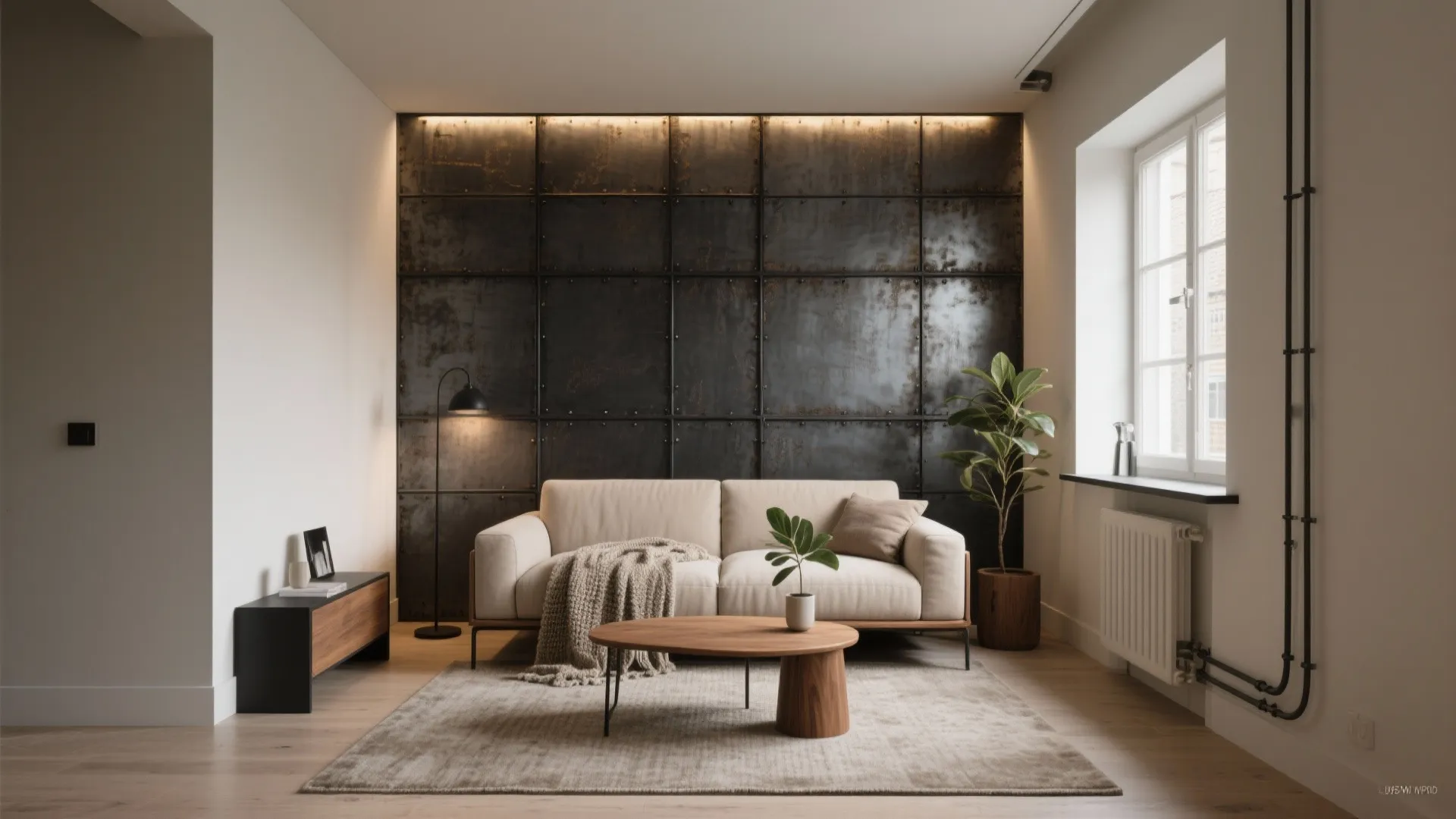 Minimal Industrial Iron Feature Wall in the Living Room